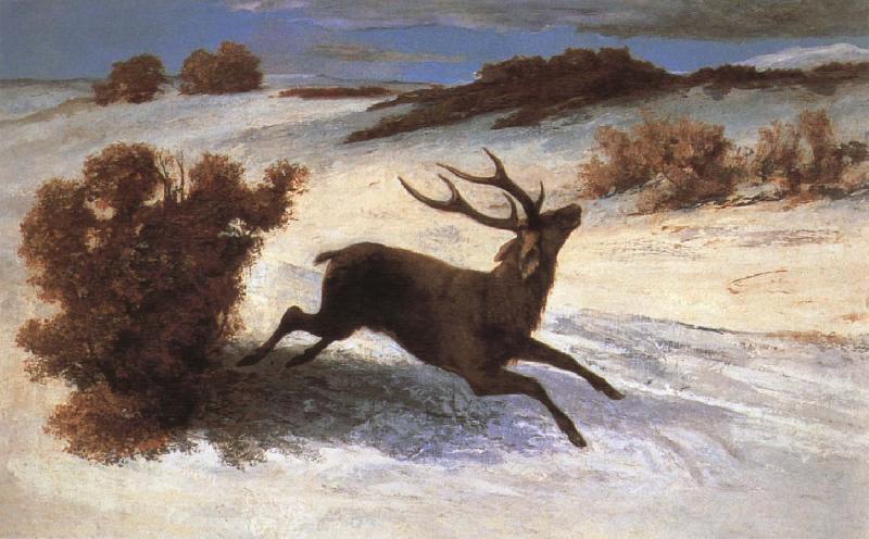 Gustave Courbet The deer running in the snow China oil painting art